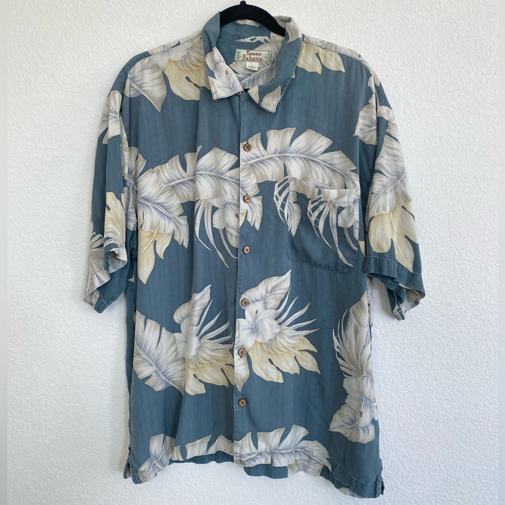 Tommy Bahama Blue Hawaiian Palm Leaves Print Button Down 100% Silk Men's XL